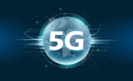 The Inscription 5G on the Earth Globe virtual background, vector illustration close-up