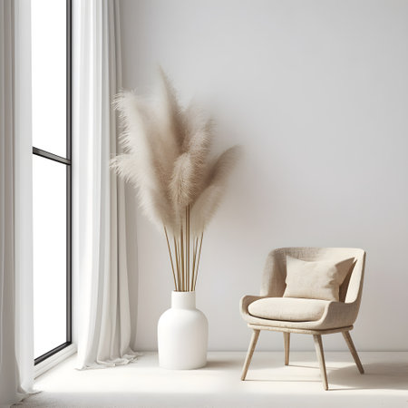 Interior of living room in Scandinavian style with window and pampas grass, photo realistic illustration, generative aiの素材