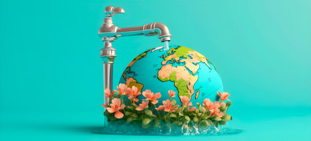 Planet Earth, from which water flows through the faucet, ecology abstract concept, photo realistic illustration, generative aiの素材