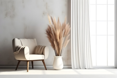 Interior of living room in Scandinavian style with window and pampas grass, photo realistic illustration, generative aiの素材
