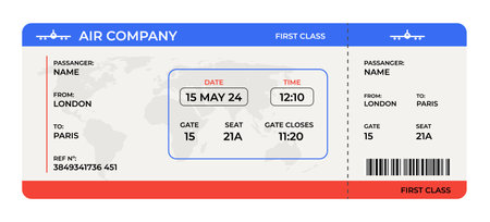 Airplane ticket template with boarding pass with passenger name and destination way, realistic vector illustration, trip and travel conceptのイラスト素材