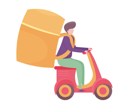 Delivery man on scooter with cardboard box. Vector illustration in flat styleのイラスト素材