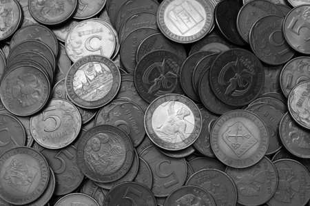 Five and ten rouble coins of the Russian Federation. Black-and-white shootingの写真素材