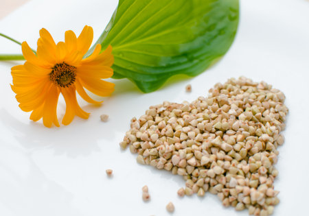 photo of germinated buckwheat on a white plate next to a green leaf and a yellow flower