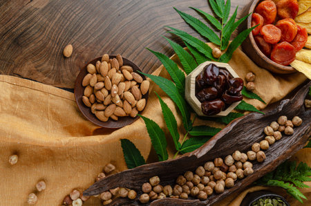 still life of nuts and dried fruits on a wooden table with fern leaves