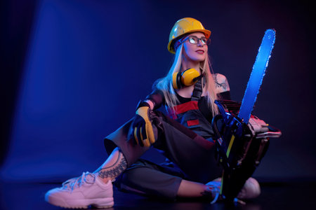 a girl with a chainsaw in overalls on a black background in a neon light