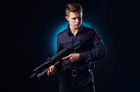 a guy in a police uniform with a short barreled automatic rifle with a telescopic sight takes aim