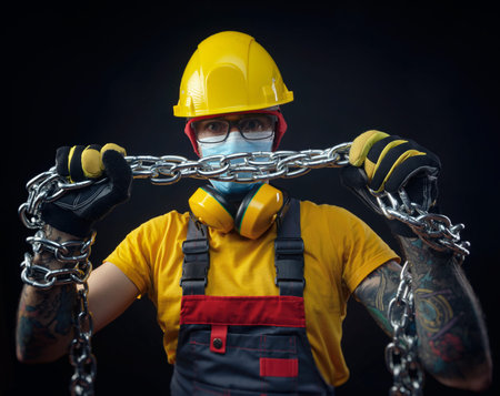a man in the overalls of a construction repairman with a medical mask against coronavirus holds a...