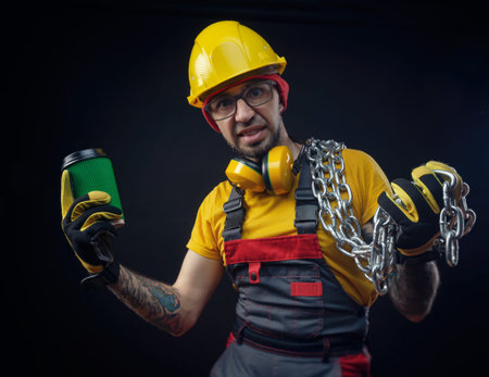 a man in a construction repairmans jumpsuit with a metal chain and a coffee Cup