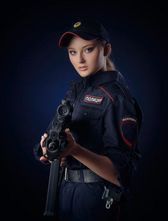 the girl in the police uniform with a gun is a Russian policeman with gun. English translation of...