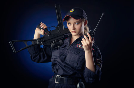 the girl in the police uniform with a gun is a Russian policeman with gun. English translation of...