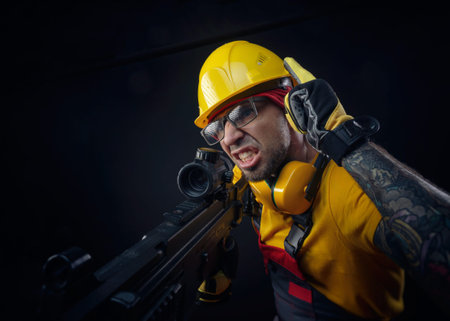 a man in a construction workers uniform wearing a hard hat with an airsoft weapon in his hands