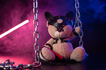 toy bear dressed in leather belts harness accessory for BDSM games on a dark background in neon lightの写真素材