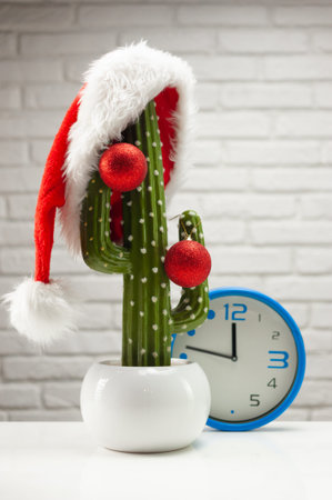 artificial cactus with a Santa Claus hat and Christmas toys on a light backgroundの写真素材