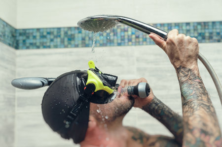 a man wearing a scuba mask in the shower is doused with waterの写真素材