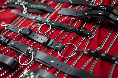 A set of erotic toys for BDSM. Sex slavery game with whip, gag and leather face mask. Intimate sex...