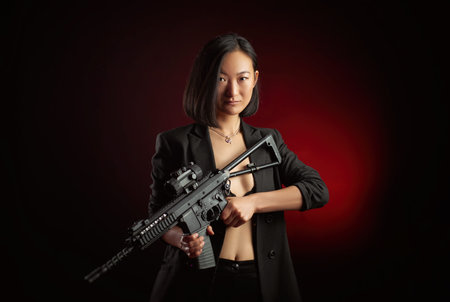asian woman in a jacket with an automatic rifle in her hands mafia fighter