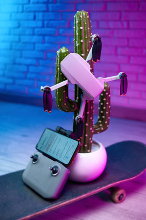 a small quadcopter drone is sitting on an artificial cactus standing on a skateboard in a neon light...