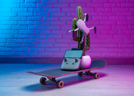 a small unmanned aerial vehicle sits on an artificial cactus, standing on a skateboard in a neon light creative ideaの写真素材