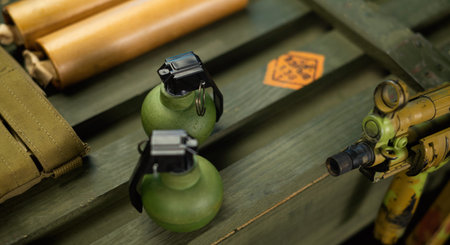 explosive grenades on the background of a wooden weapon box