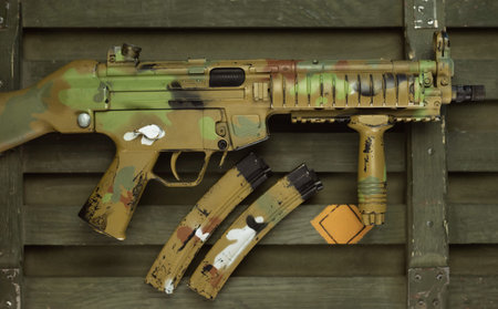 mp5 automatic rifle next to ammunition box and other military accessories