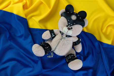 teddy bear in leather straps, a gift for BDSM games, on the background of the yellow-blue fabric of the flag of Ukraineの写真素材