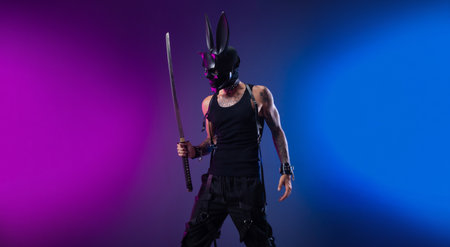 Sexy girl in police uniform for sexy BDSM games with handcuffs in neon light English translation - the policeの写真素材