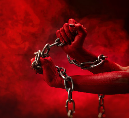 Hands clenched into fists bound by metal chains against a dramatic red backgroundの写真素材