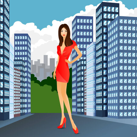 woman in red dress and shoes standing on the road in the city near buildingsのイラスト素材