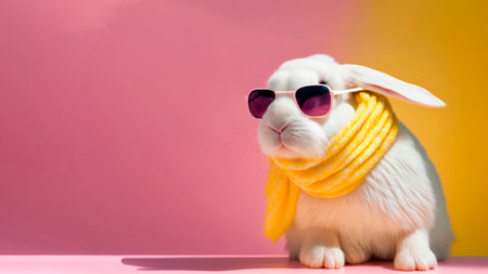 Cute white rabbit in sunglasses and yellow scarf on pink background with copy space.の素材