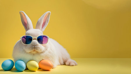 Cute white rabbit with easter eggs and sunglasses on yellow backgroundの素材