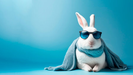 White rabbit wearing blue scarf and sunglasses on blue background with copy spaceの素材