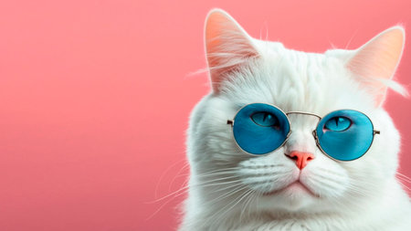 Portrait of white cat wearing blue sunglasses on a pink background. copy space.の素材