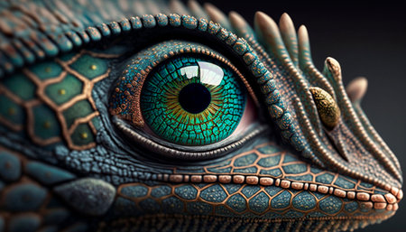 Blue eye of chameleon close-up. 3D illustration.の素材