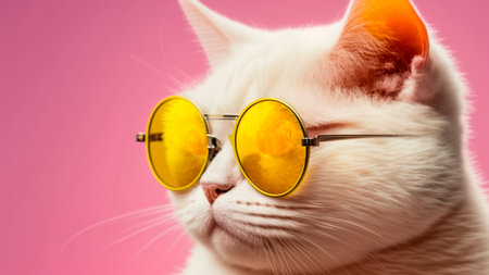 Portrait of a white cat wearing yellow glasses on a pink background.の素材