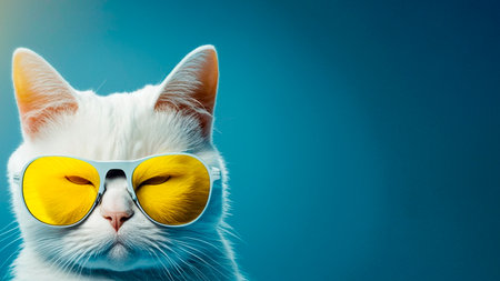 Funny white cat with yellow sunglasses on blue background. Copy space.の素材