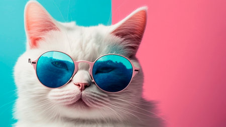 Portrait of white cat with blue sunglasses on pink and blue backgroundの素材