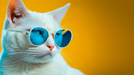 White cat with blue sunglasses on a yellow background. Copy space.の素材
