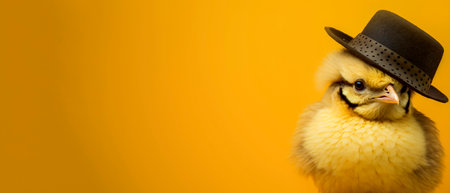 Cute little chicken in a hat on a yellow background with copy space.の素材