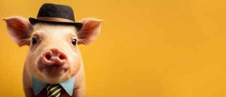 Close-up portrait of a funny pig in a hat and tie on a yellow background with copy space.の素材