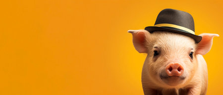 Cute little pig in black hat on orange background with copy spaceの素材