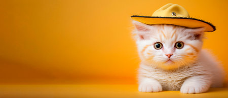Cute little kitten in a yellow hat on a yellow background with copyspace.の素材