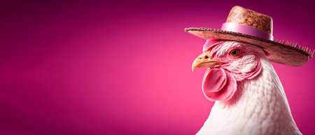 Closeup of a white chicken wearing a hat on a pink backgroundの素材