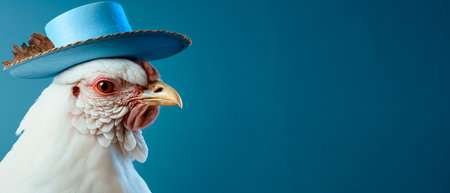 Portrait of a white chicken in a hat on a blue backgroundの素材