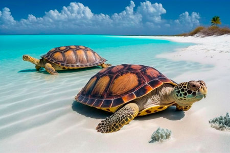 Two turtles on the beach in Cayo Largo, Cuba.の素材