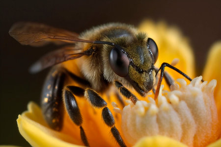 Macro shot of a bee collecting pollen from a yellow flower.の素材
