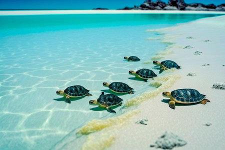 Group of baby turtles swimming on the white sand beach in Maldives.の素材