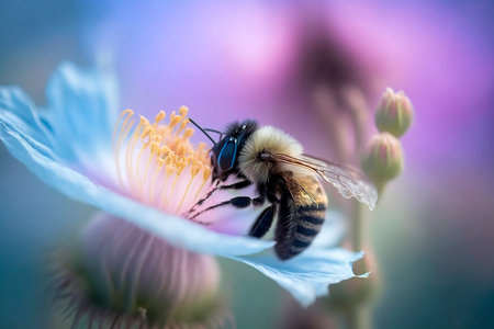 bee on a flower, macro photo, bee pollinates a flowerの素材