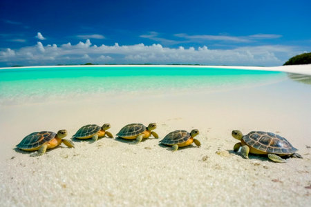 Group of baby turtles on a tropical beach.の素材
