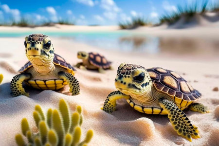 Baby turtles on a paradise beach.の素材